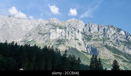 Panoramablick auf Watzmann Ostwand an einem schönen sonnigen Tag im Sommer, Schönau am Königsee Stockfoto