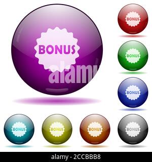 Bonus Sticker Symbole in Farbe Glas Kugel Tasten mit Schatten Stock Vektor
