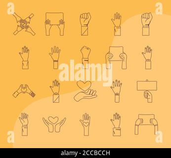 Bündel von zwanzig Händen Protest Set Icons Vektor Illustration Design Stock Vektor