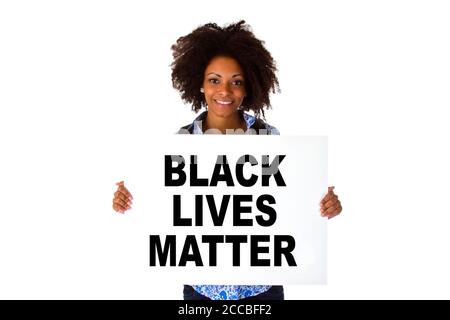 Schöne afro amerikanische Frau mit Whiteboard - Black Live Matter Stockfoto