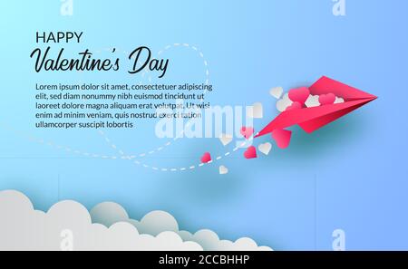 valentinstag Grußkarte und Liebe Konzept. Papier Art Stil mit Origami-Papier Flugzeug in den Himmel mit Linie Weg und Fall von weißen und rosa Herzen Stock Vektor