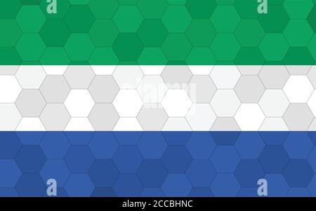Abbildung der Flagge von Sierra Leone. Futuristische Sierra Leonean Flagge Grafik mit abstraktem Hexagon Hintergrund Vektor. Sierra Leone Nationalflagge symbolisiert Stock Vektor
