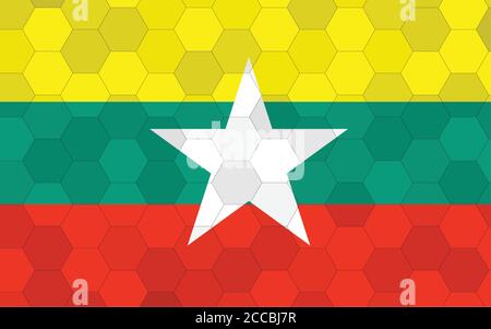 Abbildung der Flagge von Myanmar. Futuristische Myanmar Flagge Grafik mit abstraktem Hexagon Hintergrund Vektor. Myanmar Nationalflagge symbolisiert Unabhängigkeit. Stock Vektor