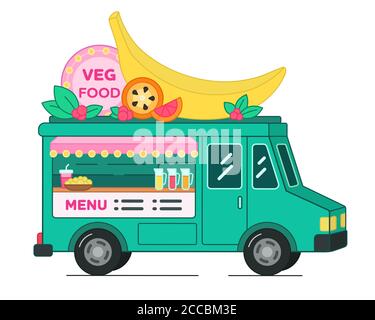 Veganer Food-Van mit Riesenbanane auf dem Dach - isolierte Illustration. Street Food Truck mit vegetarischen Snacks. Mobile Obstbar im Auto Stock Vektor