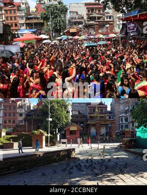 Kathmandu, Nepal. August 2020. Das Combo-Bild zeigt Frauen tanzen zur Feier des Teej-Festivals am 2. September 2019 (oben) und die verlassene Straße in der Nähe des Shiva-Tempels am Hanumandhoka Durbar Square am 21. August 2020 (unten) während der Sperre auferlegt, um die Ausbreitung COVID-19 Ausbruch in Kathmandu, Nepal zu kontrollieren. Während des Teej-Festes fasten verheiratete Frauen und beten für die gute Gesundheit und Langlebigkeit ihrer Ehemänner und unverheiratete Frauen beten für die Hochzeit idealer Ehemänner. Quelle: Sunil Sharma/ZUMA Wire/Alamy Live News Stockfoto