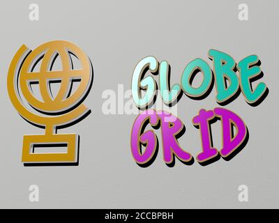 3D-Darstellung von Globenraster mit Symbol an der Wand und Text angeordnet durch metallische kubische Buchstaben auf einem Spiegelboden für Konzept Bedeutung und Diashow-Präsentation, 3D-Illustration Stockfoto