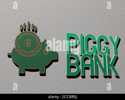 Sparschwein-Symbol und Text an der Wand, 3D-Illustration Stockfoto