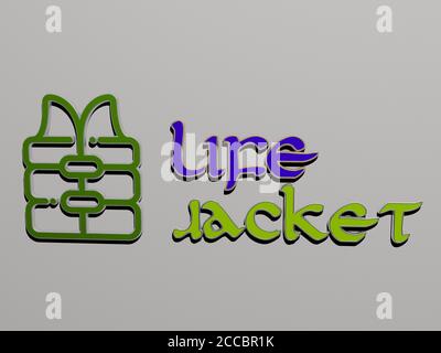3D-Darstellung der Schwimmweste mit Symbol an der Wand und Text angeordnet durch metallische kubische Buchstaben auf einem Spiegelboden für Konzept Bedeutung und Diashow-Präsentation, 3D-Illustration Stockfoto