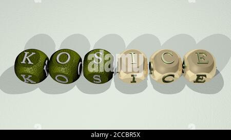 Kreuzworträtsel von KOSICE, angeordnet durch kubische Buchstaben auf einem Spiegelboden, Begriffsbedeutung und Präsentation, 3D-Illustration Stockfoto