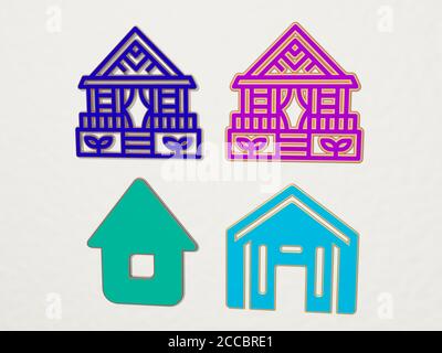 BUNGALOW 4 Icons Set, 3D Illustration Stockfoto