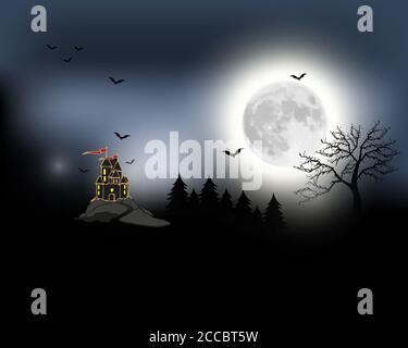 Halloween gruselig schwarz Vektor Landschaft Hintergrund. Nachtbild von Vollmond und Fledermäuse und Burg in der Ferne. Schwarz und weiß gruselige Halloween-Illust Stock Vektor