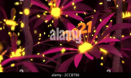 Grußkarte für 2021 mit Blumen 3D Rendering Stockfoto