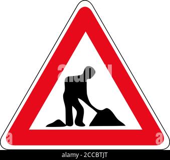 Straßenbauschild, im Bau. Rot glänzend Straßenschild mit Arbeitsmann isoliert auf weißem Hintergrund. Stock Vektor