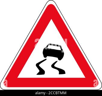 Warnschild für rutschigen Straßenverkehr Vektor. Rotes Dreiecksbrett. Symbole für den Straßenverkehr. Stock Vektor