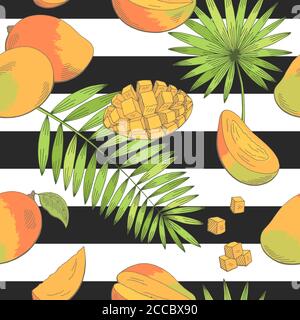 Mango Frucht Palm Blatt Grafik Farbe nahtlose Muster Hintergrund Skizze Illustrationsvektor Stock Vektor