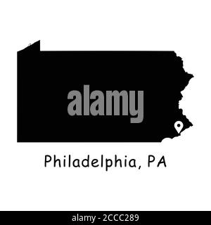Philadelphia auf Pennsylvania State Map. Detaillierte PA State Map mit Location Pin auf Philadelphia City. Schwarze Silhouette Vektor-Karte isoliert auf weißen BA Stock Vektor