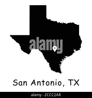 San Antonio auf Texas State Map. Detaillierte TX State Map mit Location Pin auf San Antonio City. Schwarze Silhouette Vektorkarte isoliert auf weißem Hintergrund. Stock Vektor