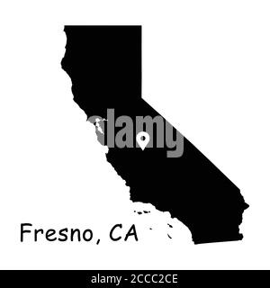 Fresno auf der California State Map. Detaillierte CA State Map mit Location Pin auf Fresno City. Schwarze Silhouette Vektorkarte isoliert auf weißem Hintergrund. Stock Vektor