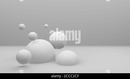 Minimales 3d-Rendering, cgi-Illustration, weiße und schwarze glänzende Kugeln, Kugeln oder Kugeln vor weißem oder grauem Studiohintergrund, schwebendes Konzept Stockfoto