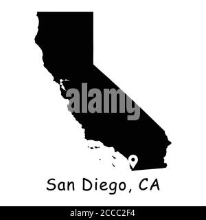 San Diego auf Kalifornien State Map. Detaillierte CA State Map mit Location Pin auf San Diego City. Schwarze Silhouette Vektorkarte isoliert auf weißem Hintergrund Stock Vektor