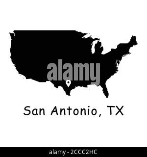 San Antonio Texas City auf der Karte der USA. Detaillierte Amerika-Landkarte mit Ortsnadel auf San Antonio TX. Schwarze Silhouette Vektor-Karten isoliert auf weißen BA Stock Vektor