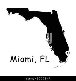 Miami auf Florida State Map. Detaillierte FL State Map mit Location Pin auf Miami City. Schwarze Silhouette Vektorkarte isoliert auf weißem Hintergrund. Stock Vektor