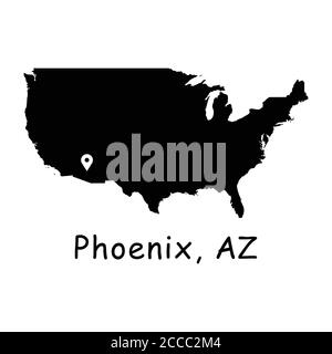 Phoenix Arizona auf der Karte der USA. Detaillierte Amerika-Landkarte mit Ortsnadel in Phoenix AZ City. Schwarze Silhouette Vektorkarten isoliert auf weißem Hintergrund Stock Vektor