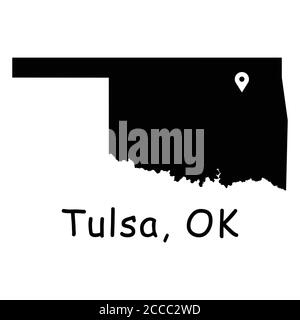 Tulsa auf Oklahoma State Map. Detaillierte OK State Map mit Location Pin auf Tulsa City. Schwarze Silhouette Vektorkarte isoliert auf weißem Hintergrund. Stock Vektor