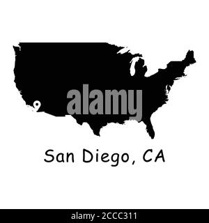 San Diego Kalifornien Stadt auf USA Karte. Detaillierte Amerika-Landkarte mit Ortsnadel auf San Diego CA. Schwarze Silhouette Vektorkarten isoliert auf weiß b Stock Vektor