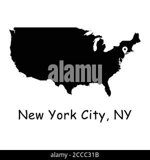 New York City auf der Karte der USA. Detaillierte Amerika-Karte mit Lage Pin auf NYC. Schwarze Silhouette und Umrissvektorkarten isoliert auf weißem Hintergrund Stock Vektor