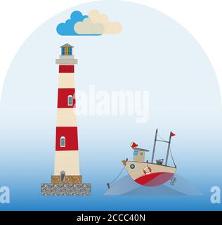 Leuchtturm und Fischerboot auf hellblauem Hintergrund Stock Vektor