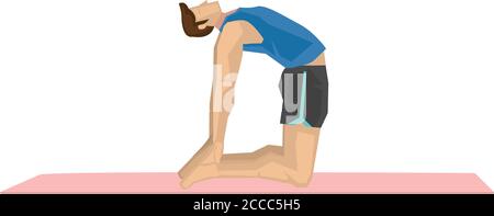 Illustration eines starken Mannes, der Yoga mit einer Kamelpose praktiziert. Konzept von Yoga Ruhe, Entspannung und Wellness. Vektorgrafik. Stock Vektor