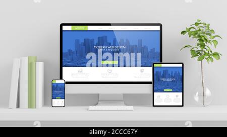 Responsive Website-Design auf Geräte Sammlung auf minimal eingerichtet Desktop-3d-Rendering Stockfoto
