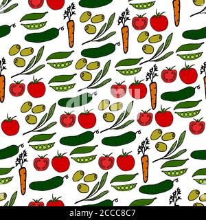 Nahtloses Gemüsemuster. Vektorgrafik einschließlich Oliven, Gurken, Tomaten, Erbsen, Karotten. Stock Vektor