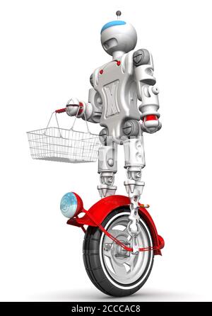 Roboter auf Einrad mit Lebensmittelkorb. Humanoider Roboter auf Einrad steht auf einer weißen Oberfläche und hält einen Lebensmittelkorb. Roboter geht einkaufen Stockfoto