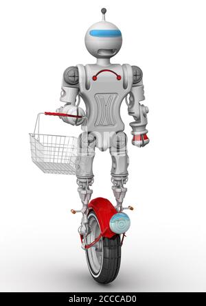 Roboter auf Einrad mit Lebensmittelkorb. Humanoider Roboter auf Einrad steht auf einer weißen Oberfläche und hält einen Lebensmittelkorb. Roboter geht einkaufen Stockfoto
