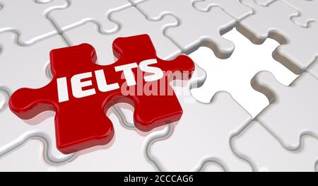 IELTS. Die Inschrift auf dem fehlenden Element des Puzzles. Gefaltete weiße Puzzles Elemente und eine rote mit Wort IELTS. 3D-Illustration Stockfoto