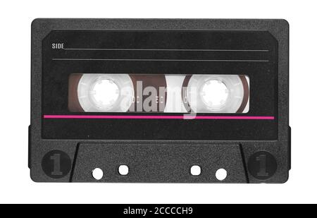 Alte Audioband-Kompaktkassette mit leerem Etikett isoliert auf weißem Hintergrund. Beschneidungspfad Stockfoto