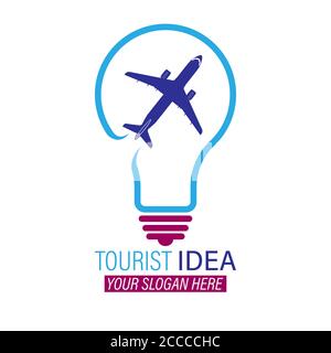 Touristische Idee. Glühlampe mit fliegendem Flugzeug. Vektordarstellung für ein Logo, Piktogramm, Emblem oder Aufkleber isoliert auf weißem Hintergrund. Stock Vektor