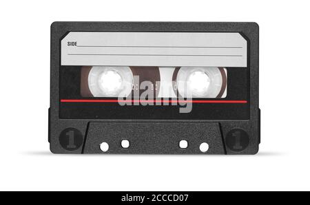 Alte Audioband-Kompaktkassette mit leerem Etikett isoliert auf weißem Hintergrund. Beschneidungspfad Stockfoto