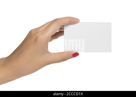 Visitenkarte Konzept: Frau und halten leere Visitenkarte isolieren auf weißem Hintergrund mit Kopierraum, Clipping-Pfad gehören Stockfoto