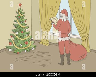 Weihnachtsmann liest eine Liste von Geschenken. Wohnzimmer Grafik Farbe Interieur Skizze Illustration Vektor Stock Vektor