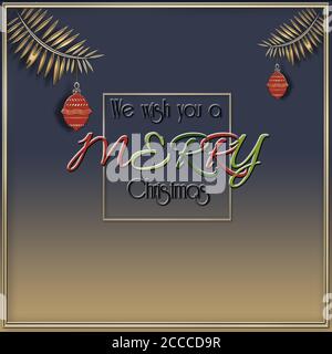Elegante stilvolle Weihnachtskarte auf blaugoldenem Hintergrund mit Text Wir wünschen Ihnen ein frohes Weihnachtsfest im Rahmen mit roten Hängekugeln. Minimalistisches Template-Design für Visitenkarten. 3D-Illustration Stockfoto