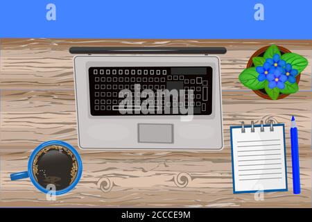 Arbeitsplatz von oben. Holztisch mit Laptop, Notizbuch, Bleistift, Kaffee und Blumentopf. Büro- oder Heimarbeitsplatz. Vektorgrafik für Aktien Stock Vektor