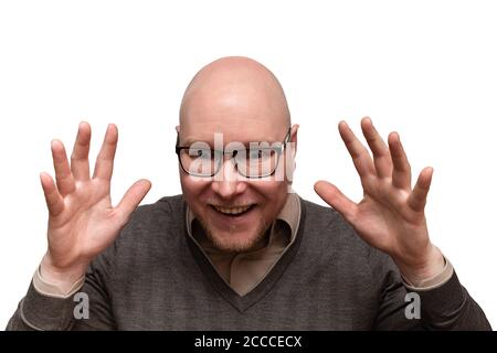 Emotionales männliches Gesicht - ein glücklicher Mann genießt einen Geburtstag Überraschung Stockfoto