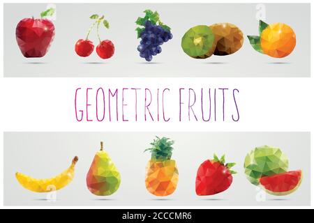 Sammlung von geometrischen polygonalen Früchte, Dreiecke, Apfel, Kirschen, Trauben, Kiwi, Orange, Banane, Birne, Ananas, Erdbeere, Wassermelone, Vektor il Stock Vektor