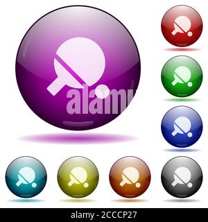 Tischtennis-Symbole in farbigen Glas Kugelknöpfen mit Schatten Stock Vektor