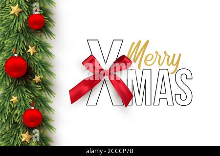 Tannenbrunch mit roten Weihnachtskugeln und goldenen Sternen und Merry Xmas Text mit roter Schleife isoliert auf weißem Hintergrund. Vektor Winter Urlaub Design Stock Vektor