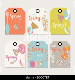 Frühling floral Geschenk Tag Design, mit handgezeichneten Blumen, florale Elemente, Vasen und Monarch Schmetterlinge, Vektor-Illustration Stock Vektor