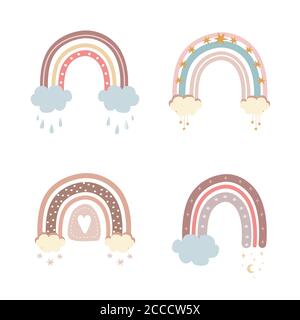 Trendige Regenbogen im Boho-Stil in verschiedenen Farben. Regenbogen mit Wolke, Sternen und Herzen. Kinder Illustrationen für Feiertage. Doodle Art Elemente Stock Vektor